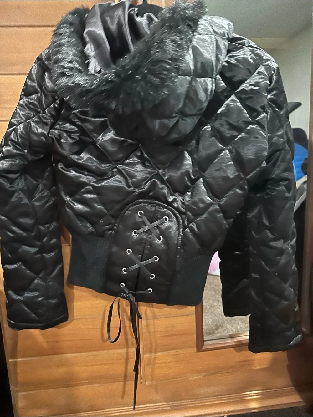 2B Bebe Black Quilted Fur-Trim Hooded Bomber